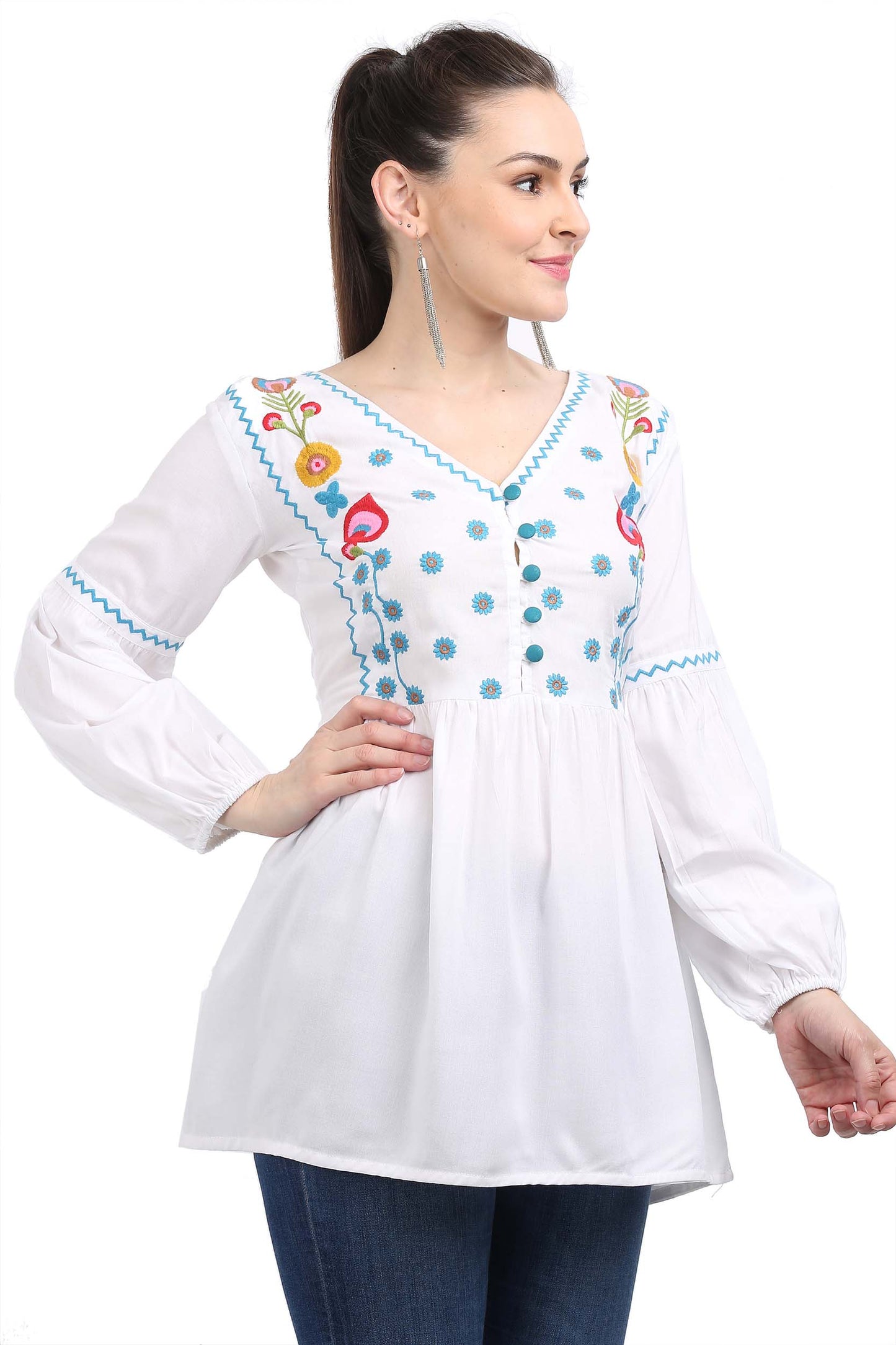 Casual Regular Sleeves Embroidered Women White Top