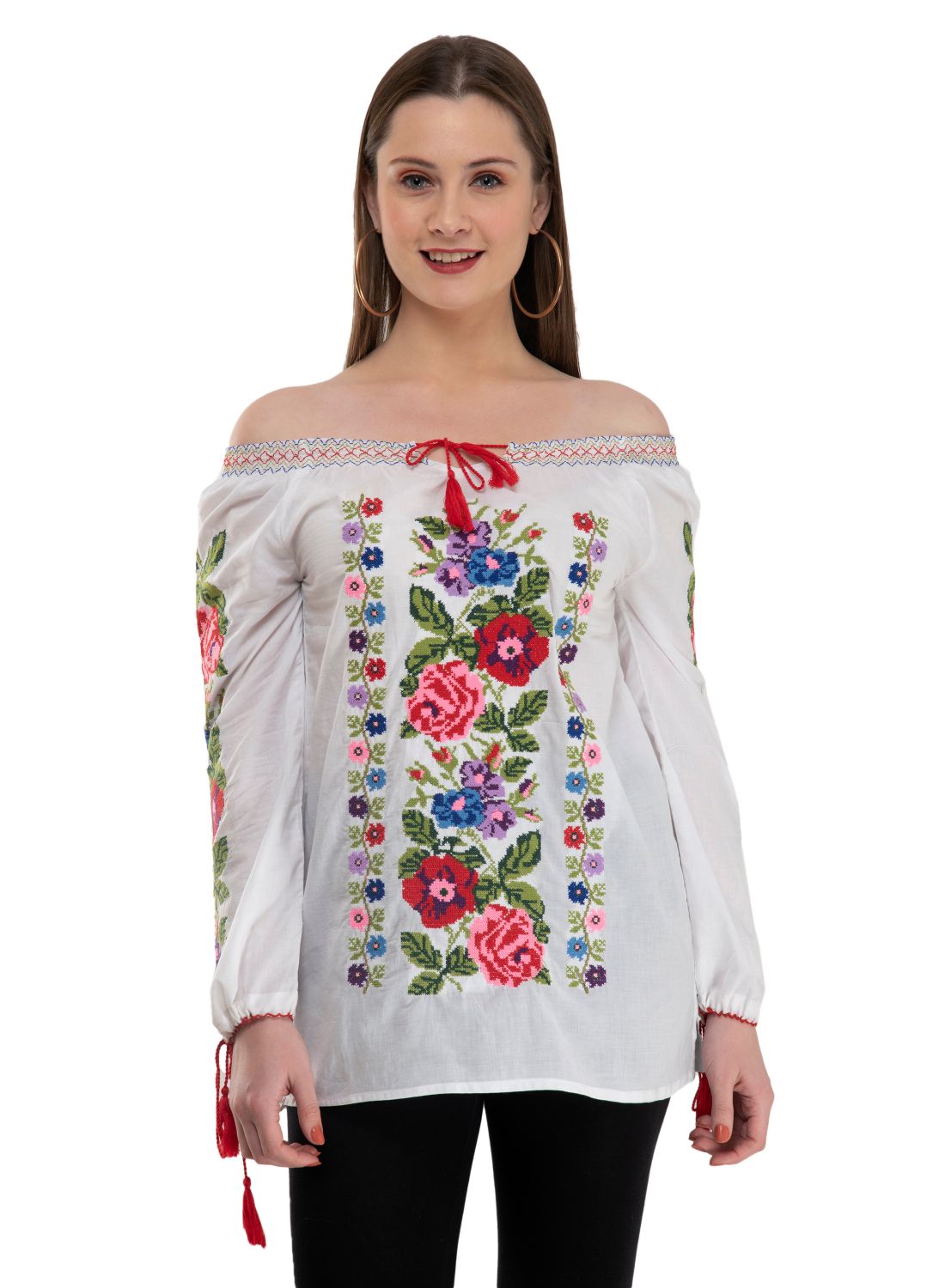 Casual Regular Sleeves Embroidered Women White Multicolor Top