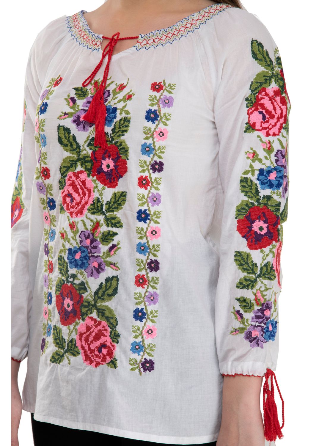 Casual Regular Sleeves Embroidered Women White Multicolor Top