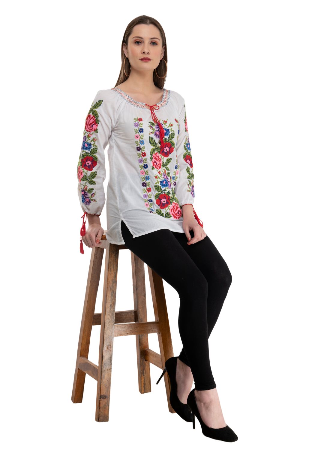 Casual Regular Sleeves Embroidered Women White Multicolor Top