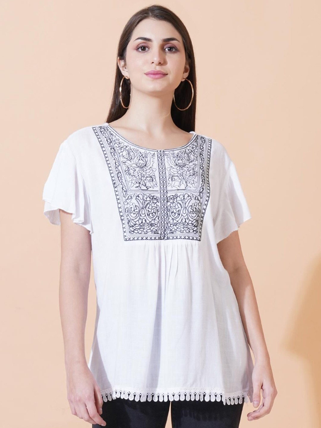 Women Embroidered Flared Sleeve A-line Top