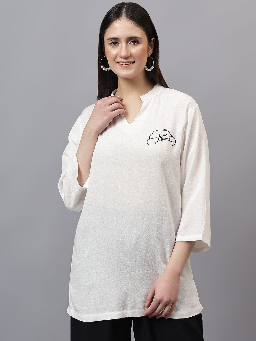 Women Solid Mandarine Collar Cotton Top