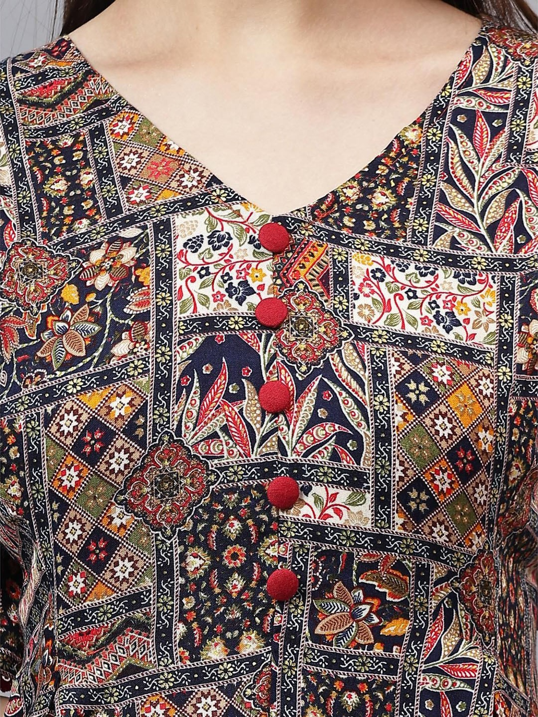 Geometric Printed V-Neck Flared Sleeve Fit and Flare Midi Dress