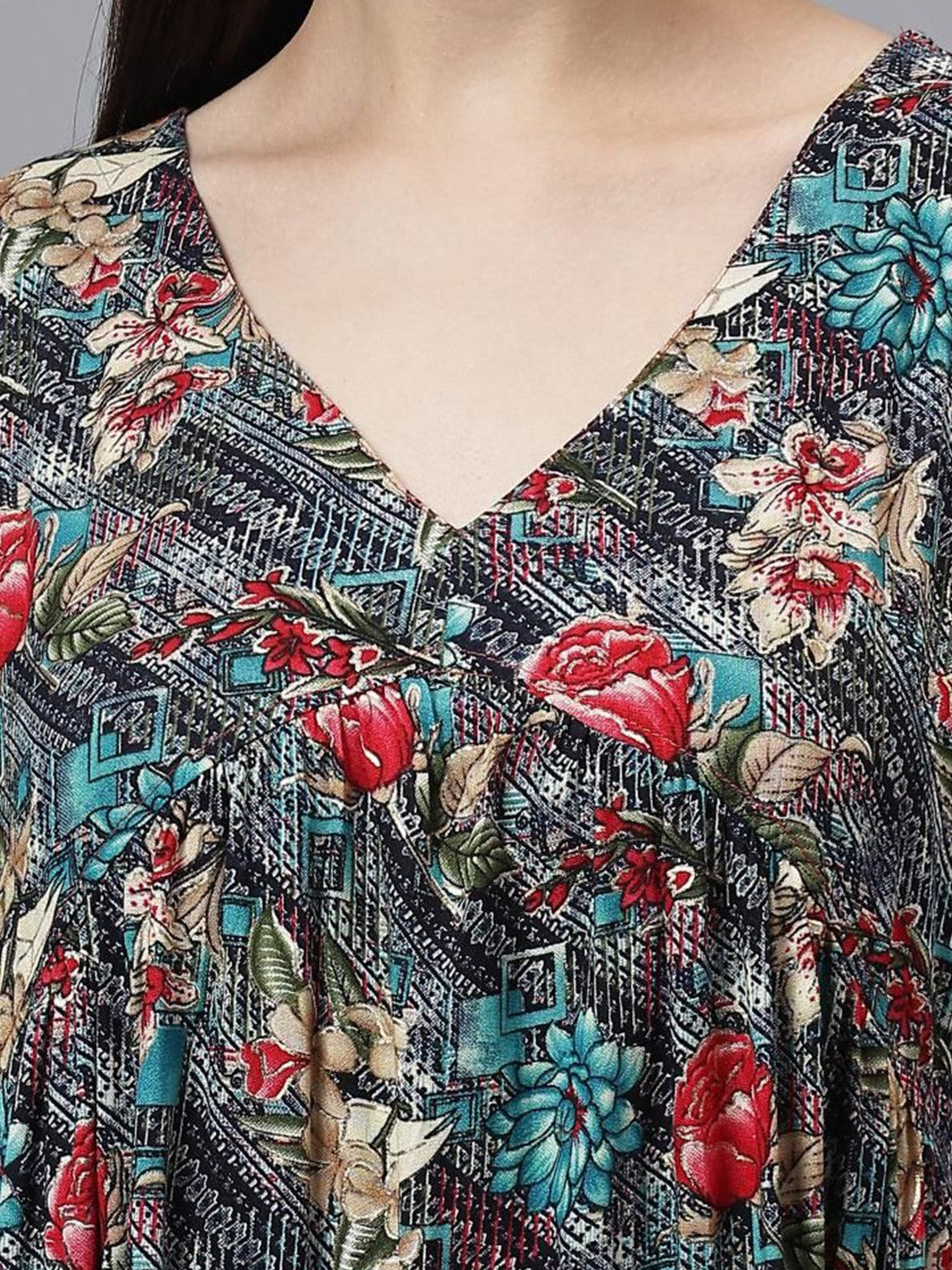 Floral Print Flared Sleeve Empire Dress