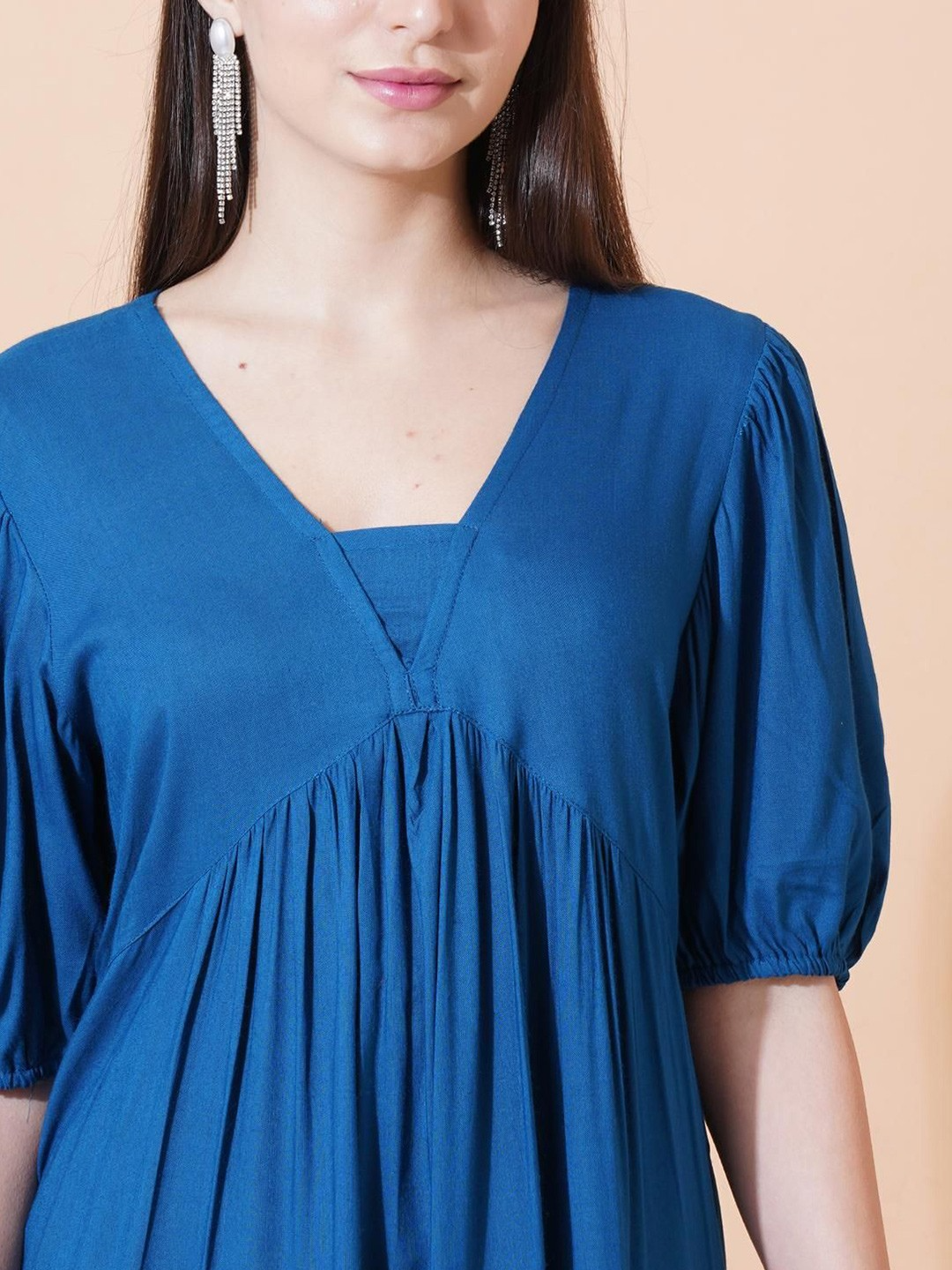 Solid Gathered or Pleated V-Neck Fit and Flare Midi Dress