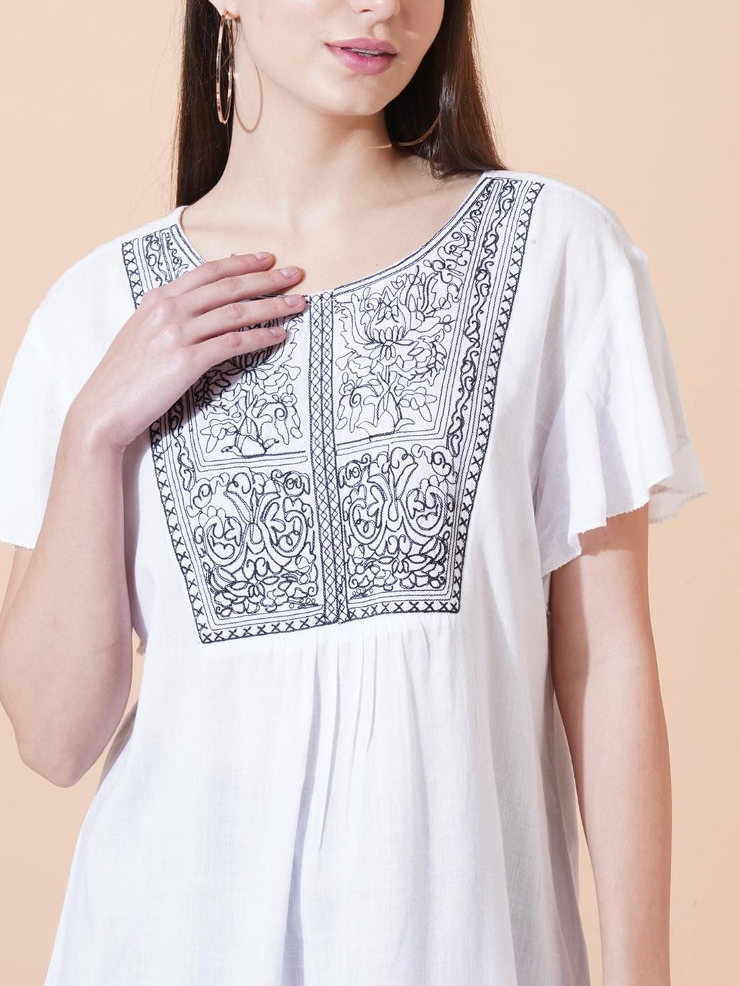 Women Embroidered Flared Sleeve A-line Top