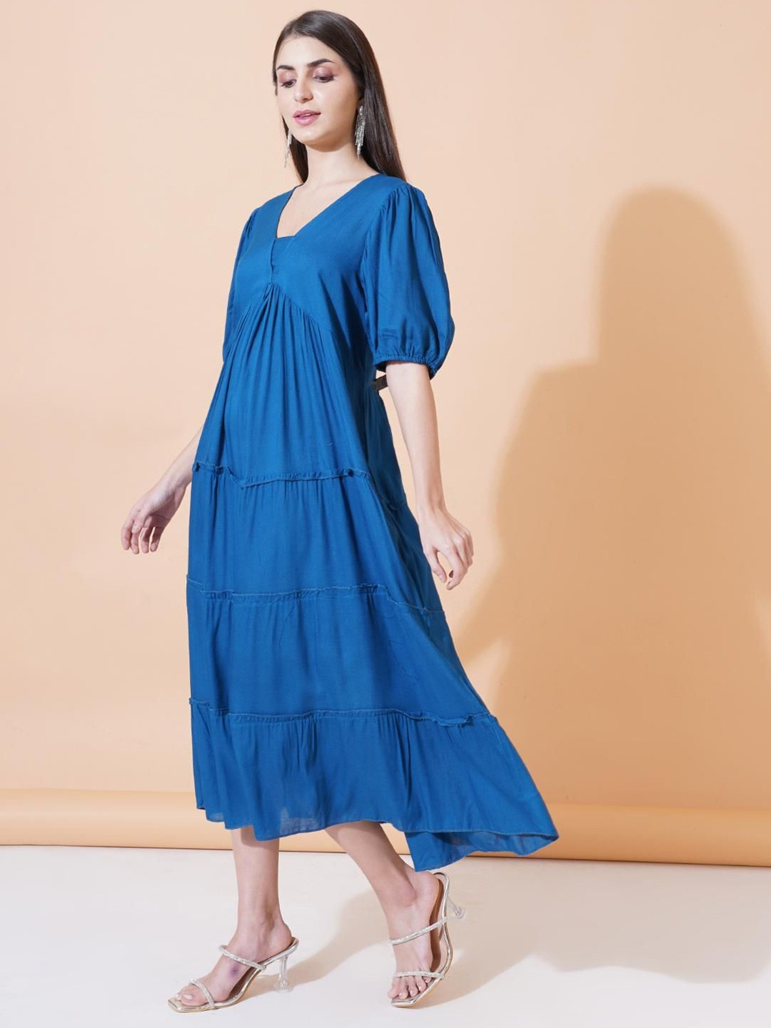 Solid Gathered or Pleated V-Neck Fit and Flare Midi Dress