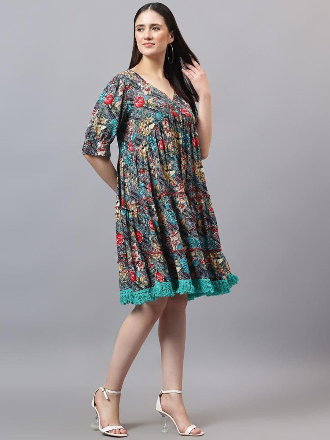 Floral Print Flared Sleeve Empire Dress