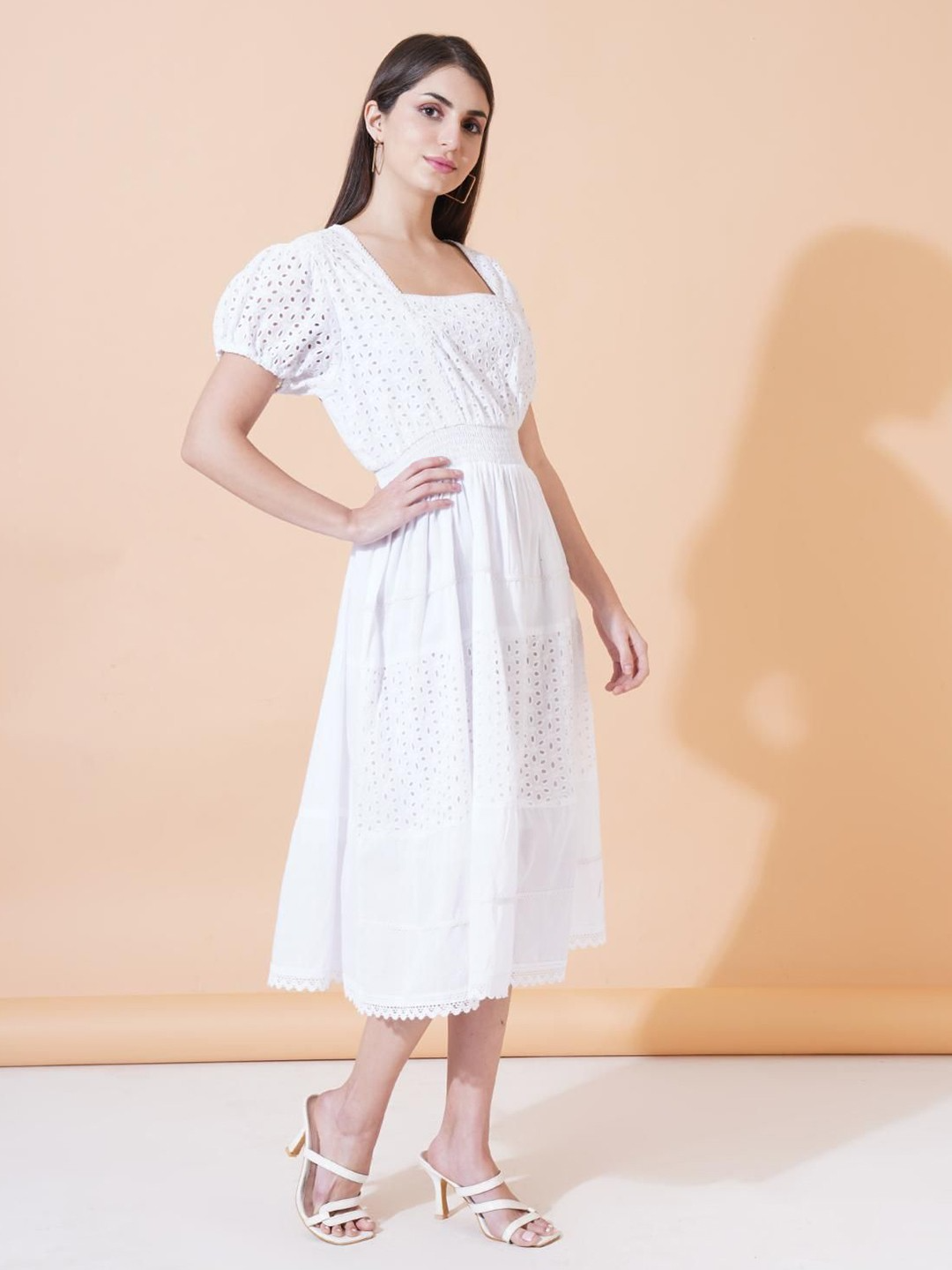 Women Self Design Cotton Fit and Flare Midi Dress