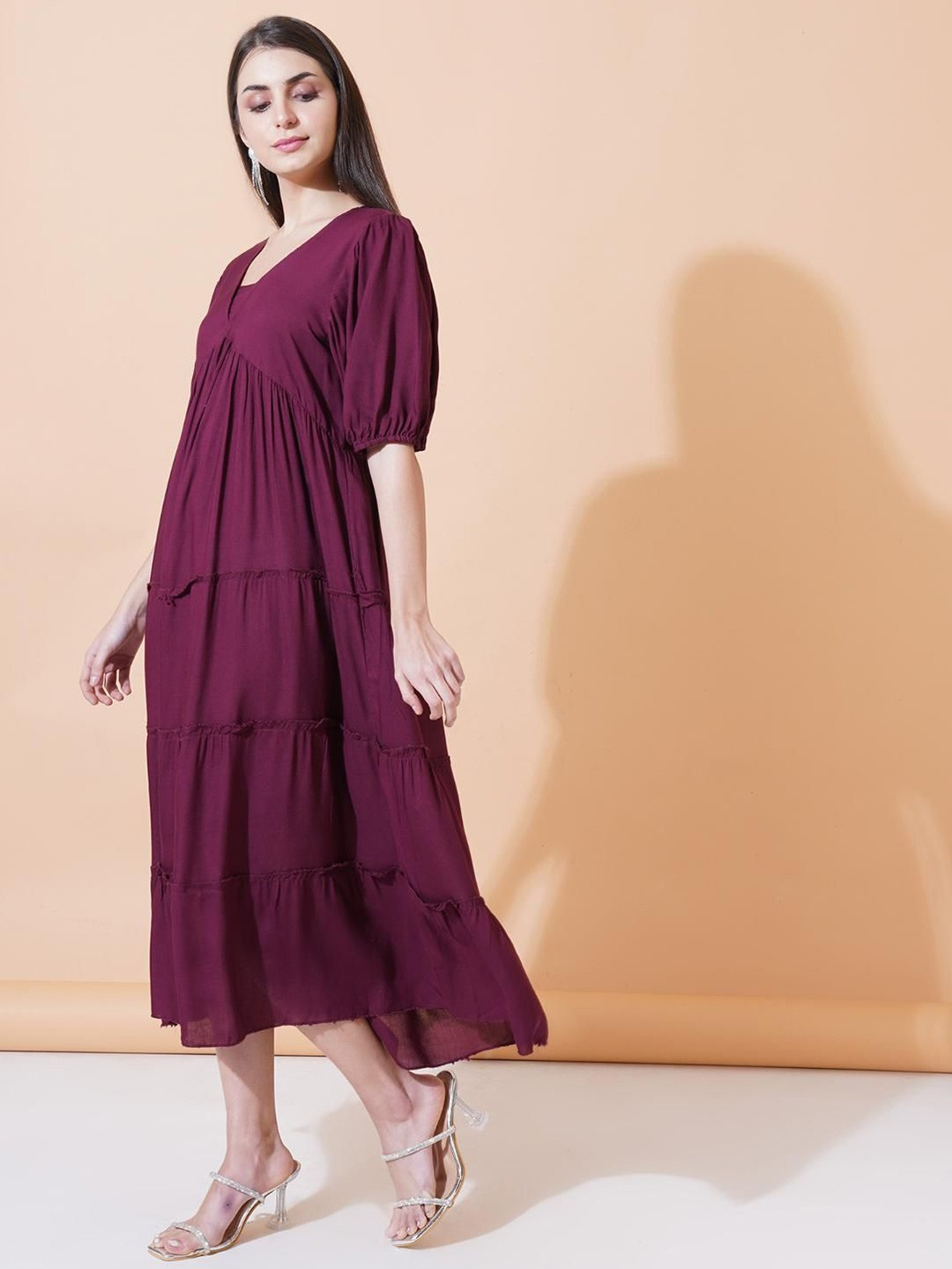Women Round Neck A-Line Midi Dress