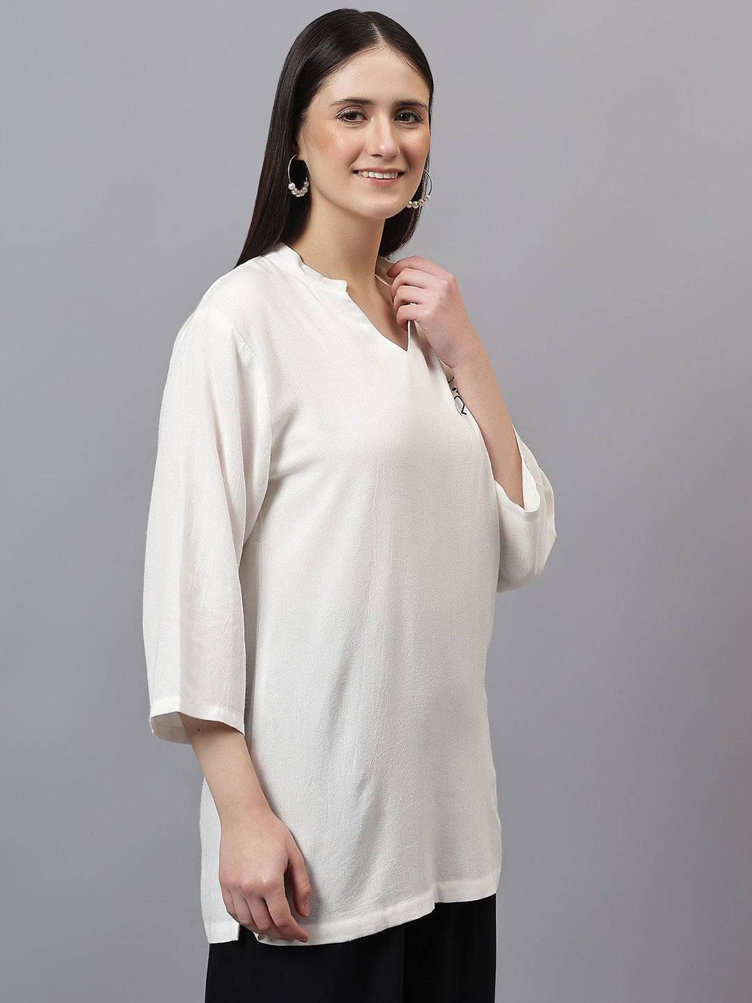 Women Solid Mandarine Collar Cotton Top