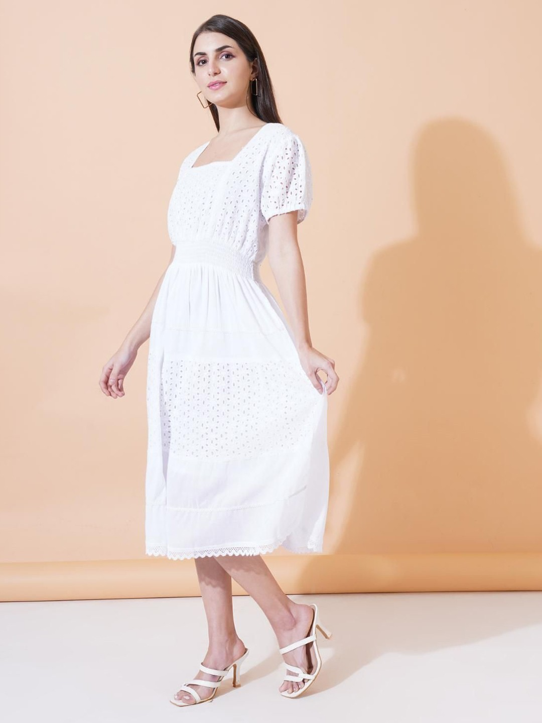 Women Self Design Cotton Fit and Flare Midi Dress