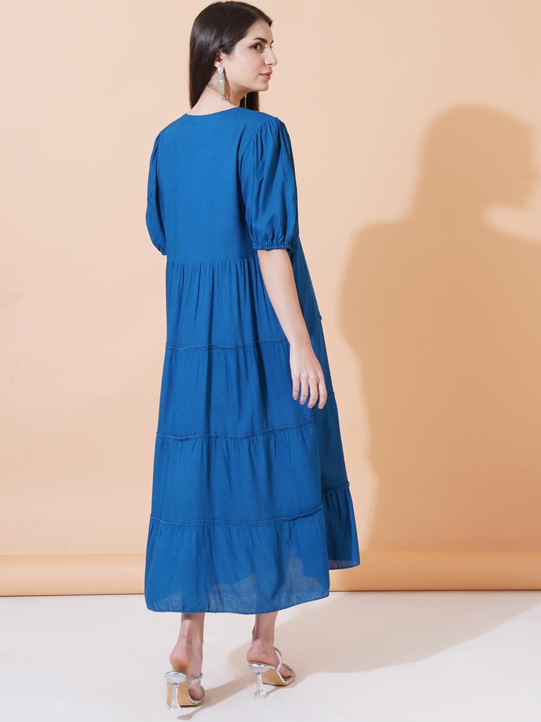 Solid Gathered or Pleated V-Neck Fit and Flare Midi Dress