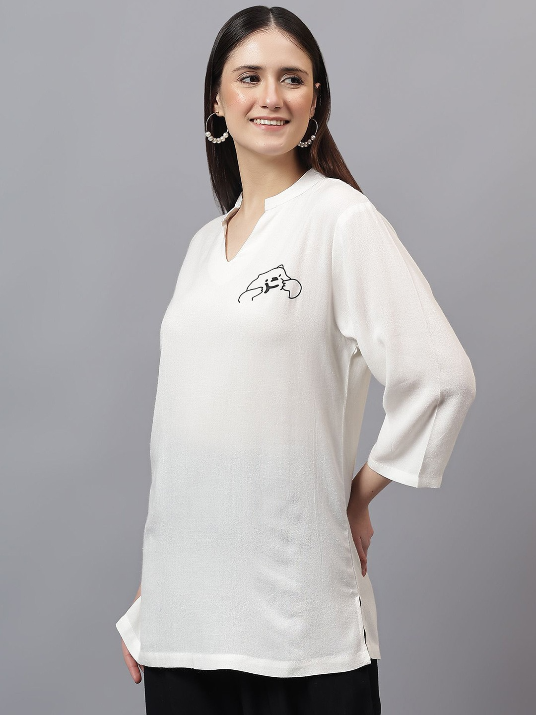 Women Solid Mandarine Collar Cotton Top