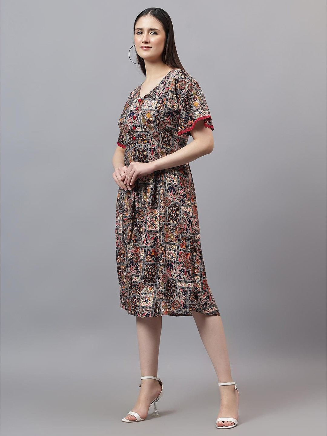 Geometric Printed V-Neck Flared Sleeve Fit and Flare Midi Dress