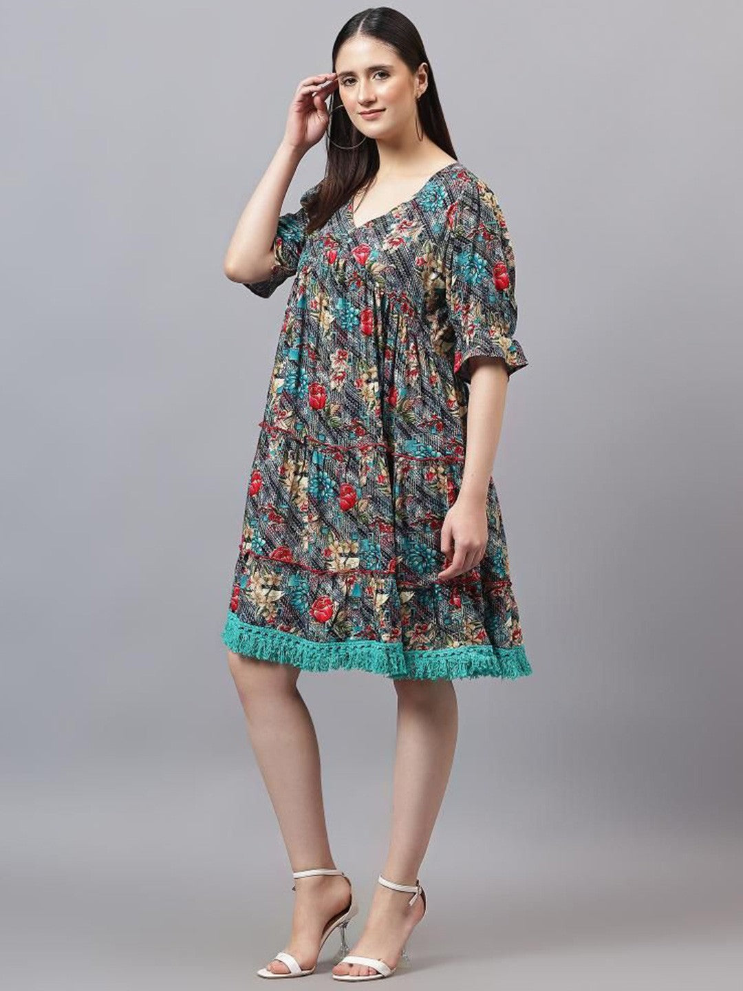 Floral Print Flared Sleeve Empire Dress