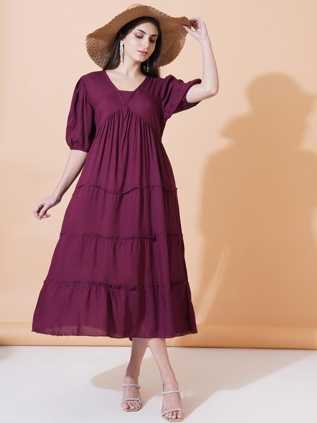 Women Round Neck A-Line Midi Dress