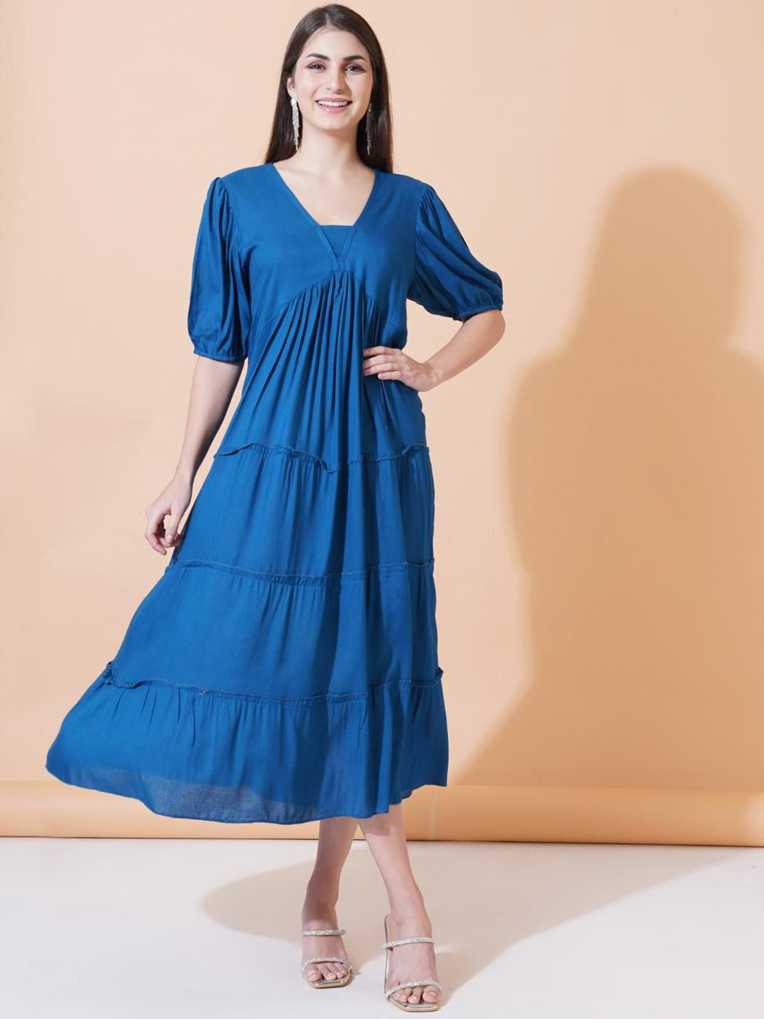 Solid Gathered or Pleated V-Neck Fit and Flare Midi Dress