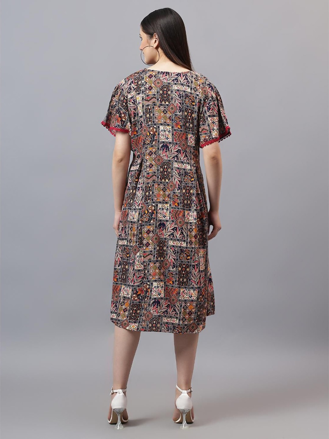 Geometric Printed V-Neck Flared Sleeve Fit and Flare Midi Dress