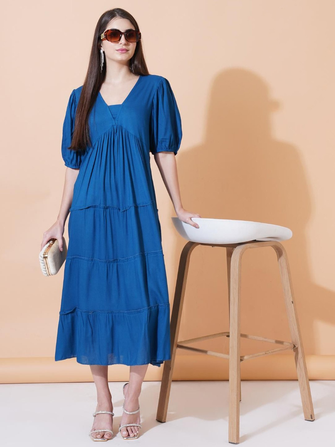 Solid Gathered or Pleated V-Neck Fit and Flare Midi Dress