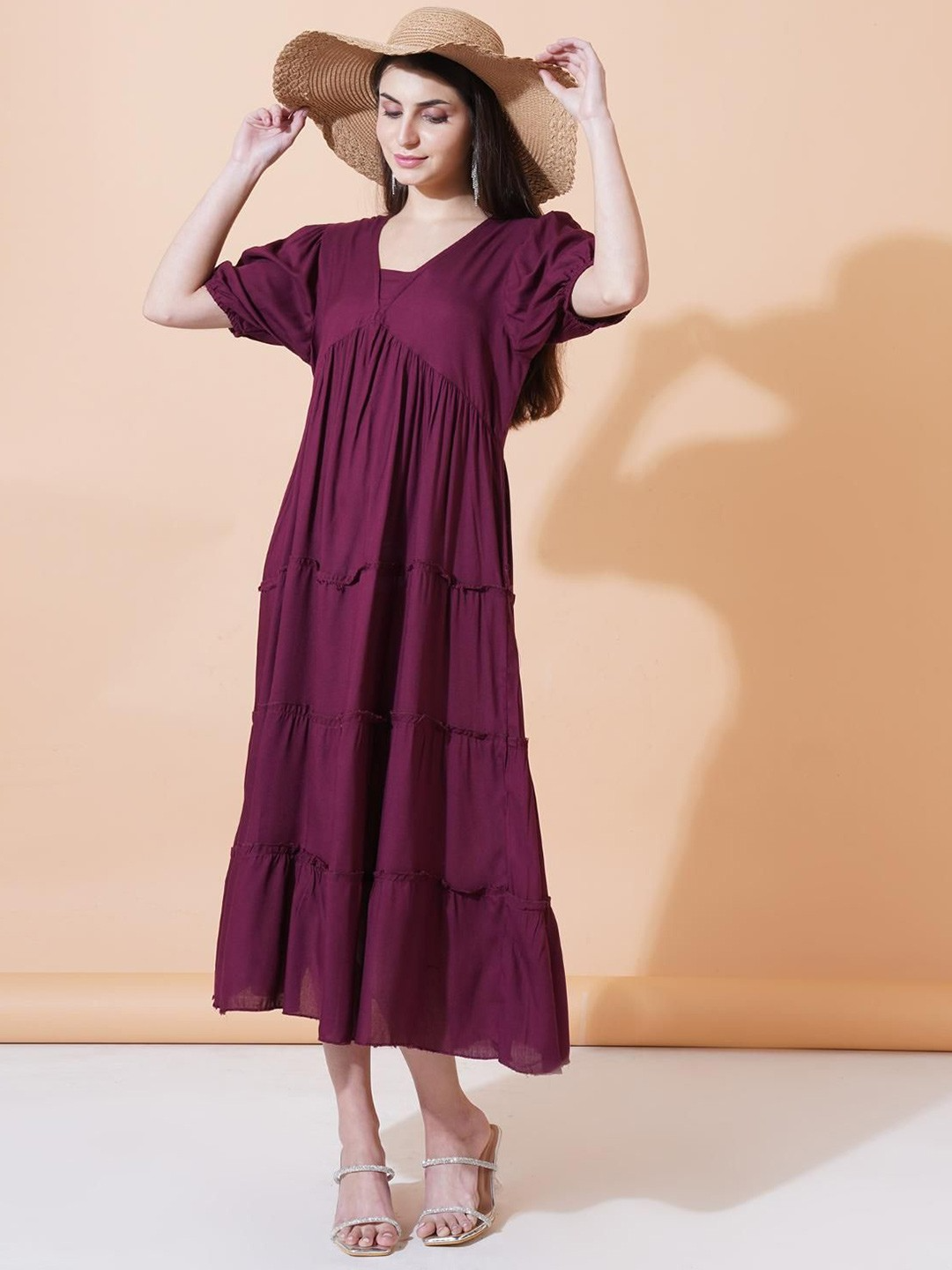 Women Round Neck A-Line Midi Dress