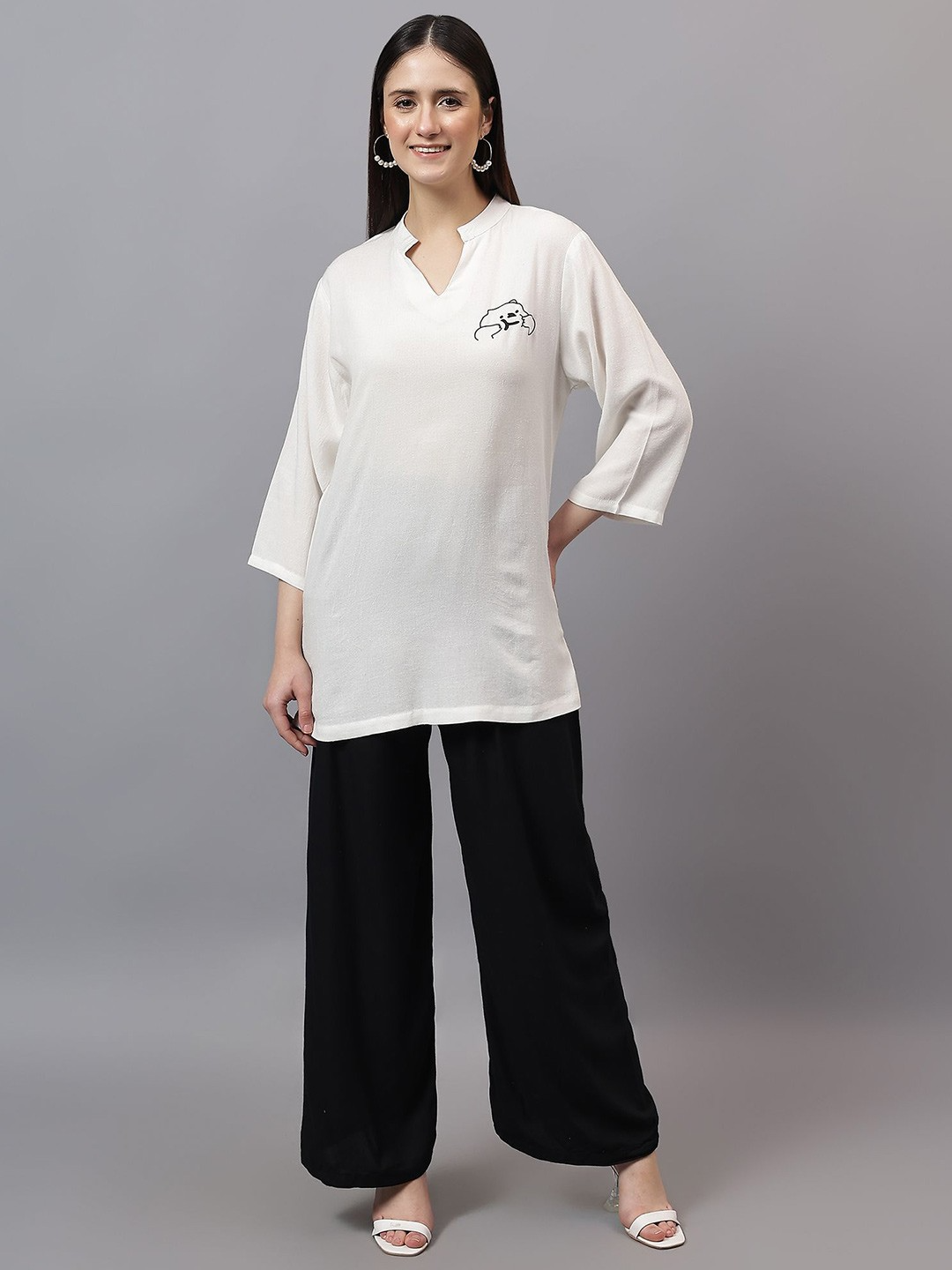 Women Solid Mandarine Collar Cotton Top