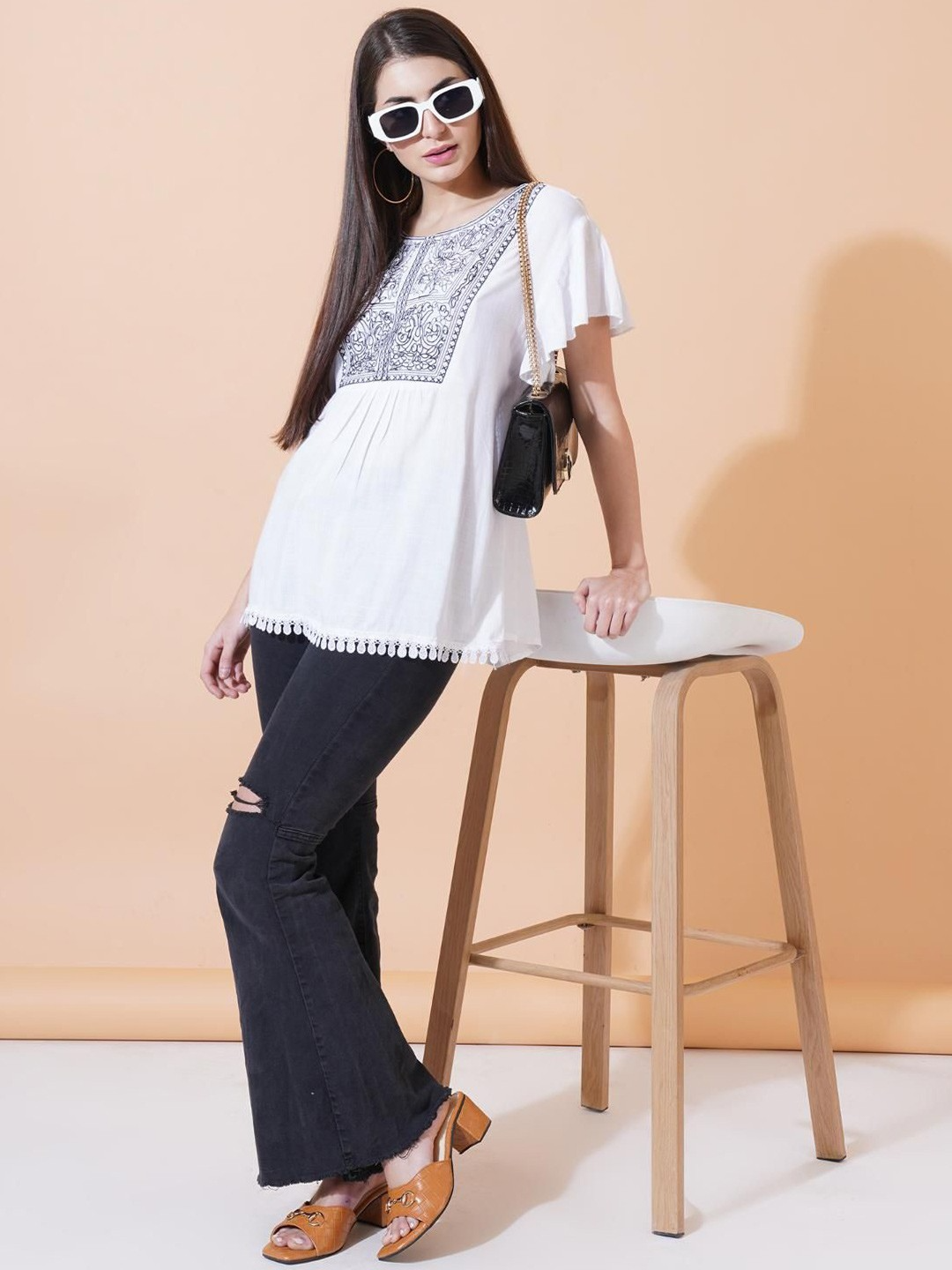 Women Embroidered Flared Sleeve A-line Top