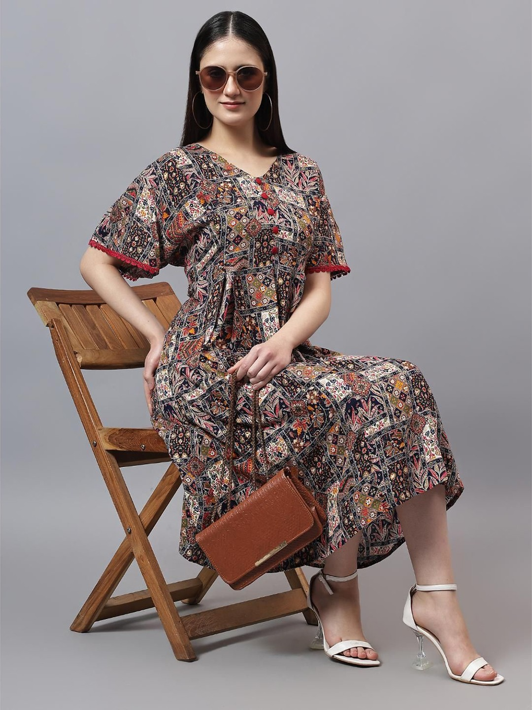 Geometric Printed V-Neck Flared Sleeve Fit and Flare Midi Dress