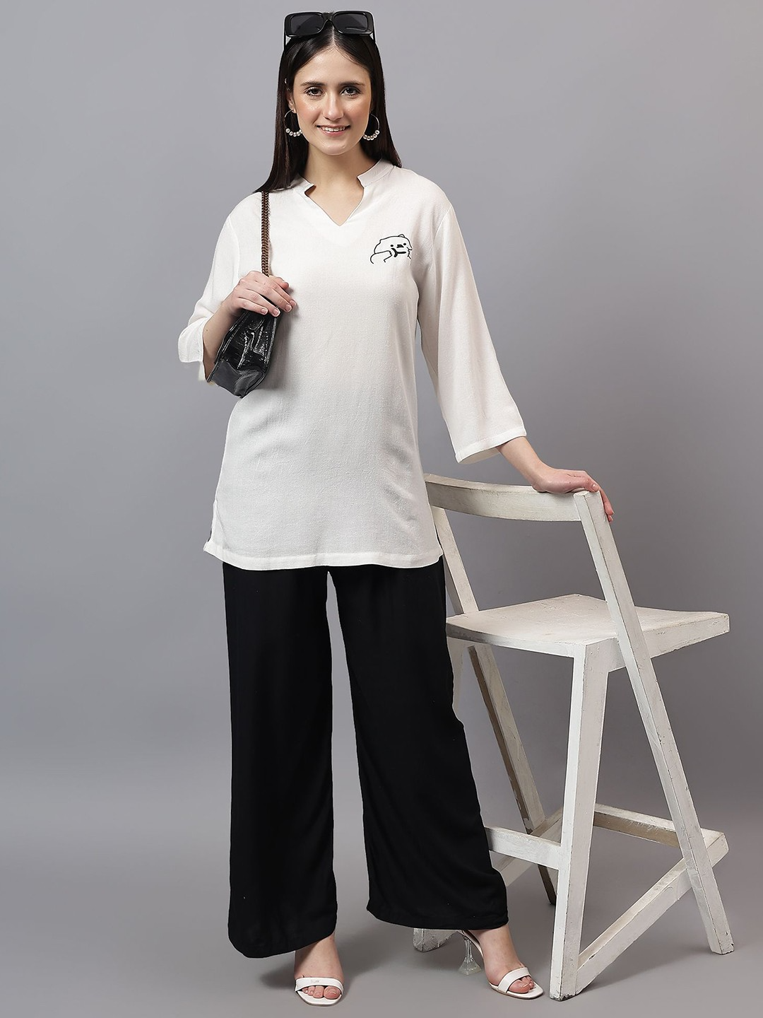 Women Solid Mandarine Collar Cotton Top