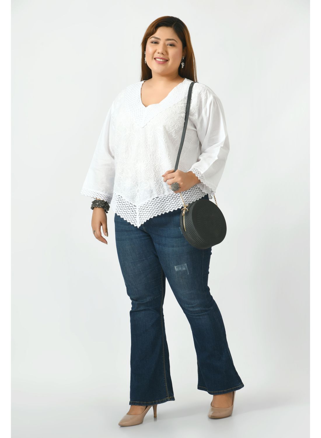 White Plus size Embroidered Top