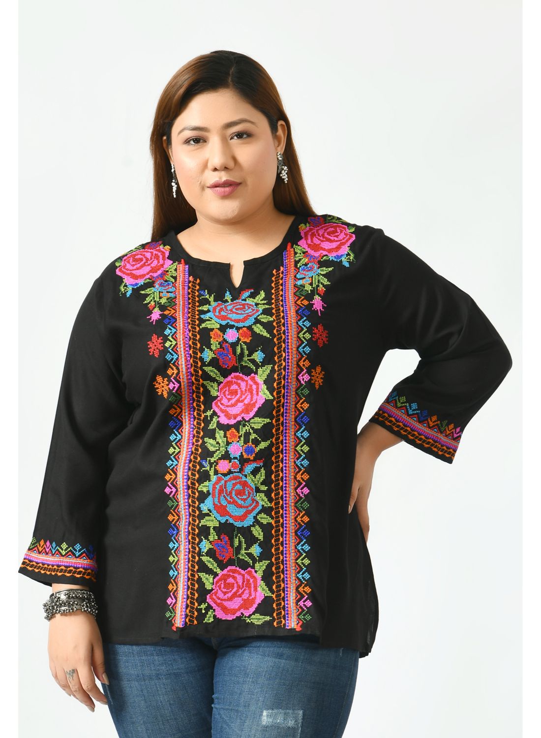 Black Floral Print Keyhole Neck Top