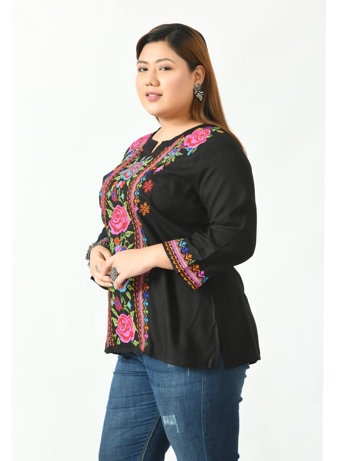 Black Floral Print Keyhole Neck Top