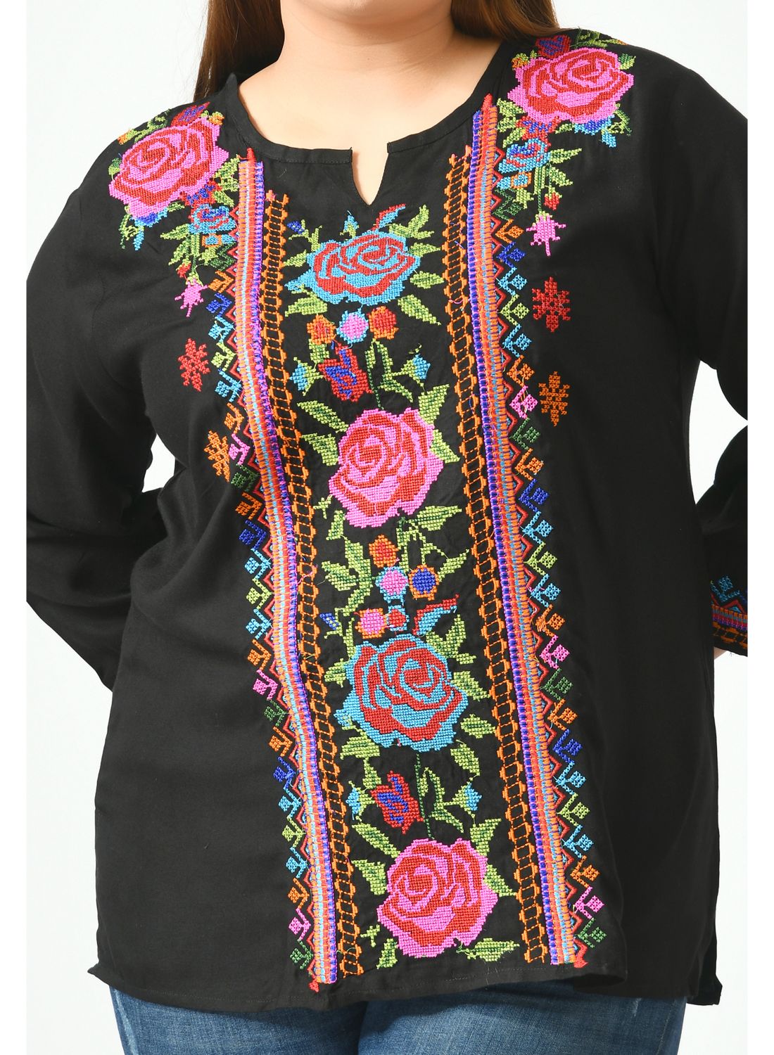 Black Floral Print Keyhole Neck Top
