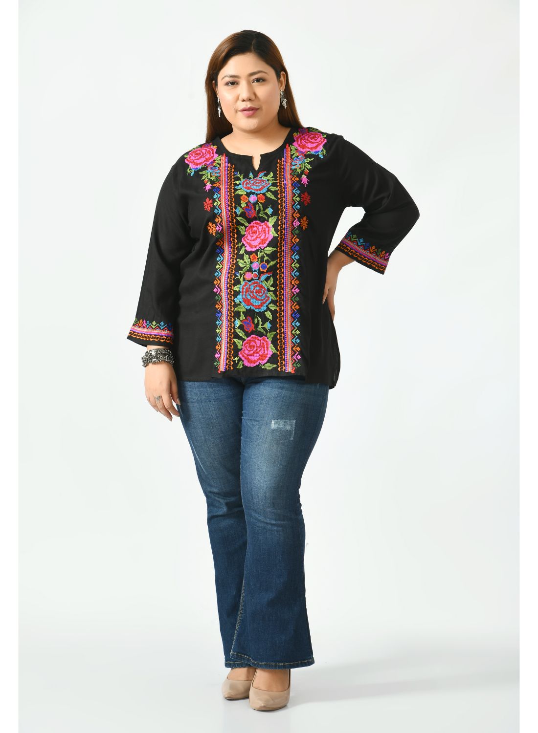 Black Floral Print Keyhole Neck Top