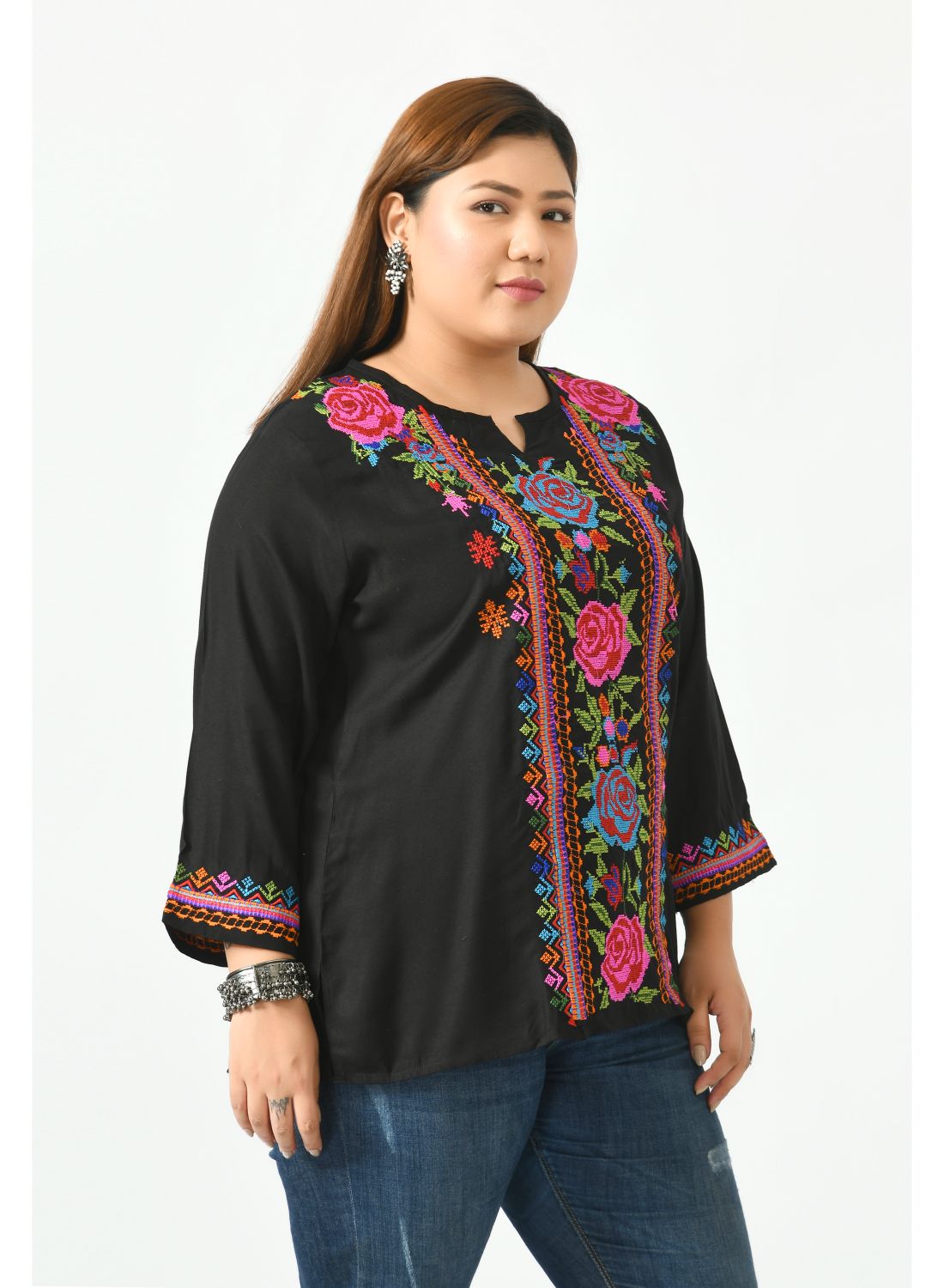 Black Floral Print Keyhole Neck Top