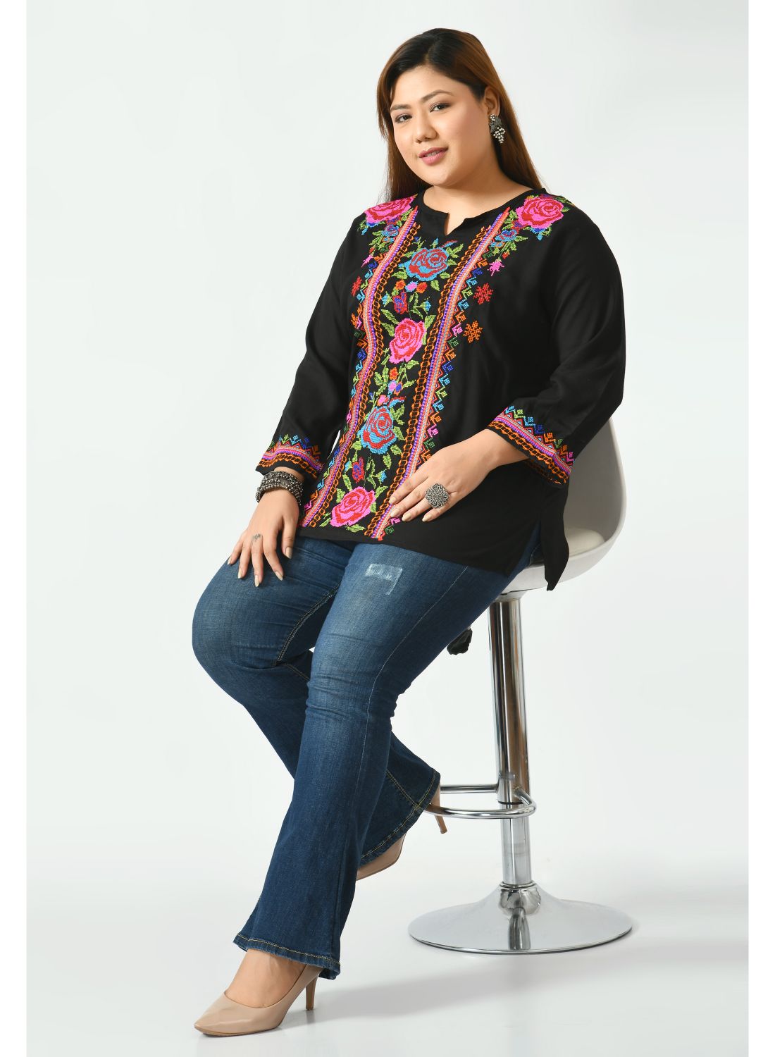 Black Floral Print Keyhole Neck Top