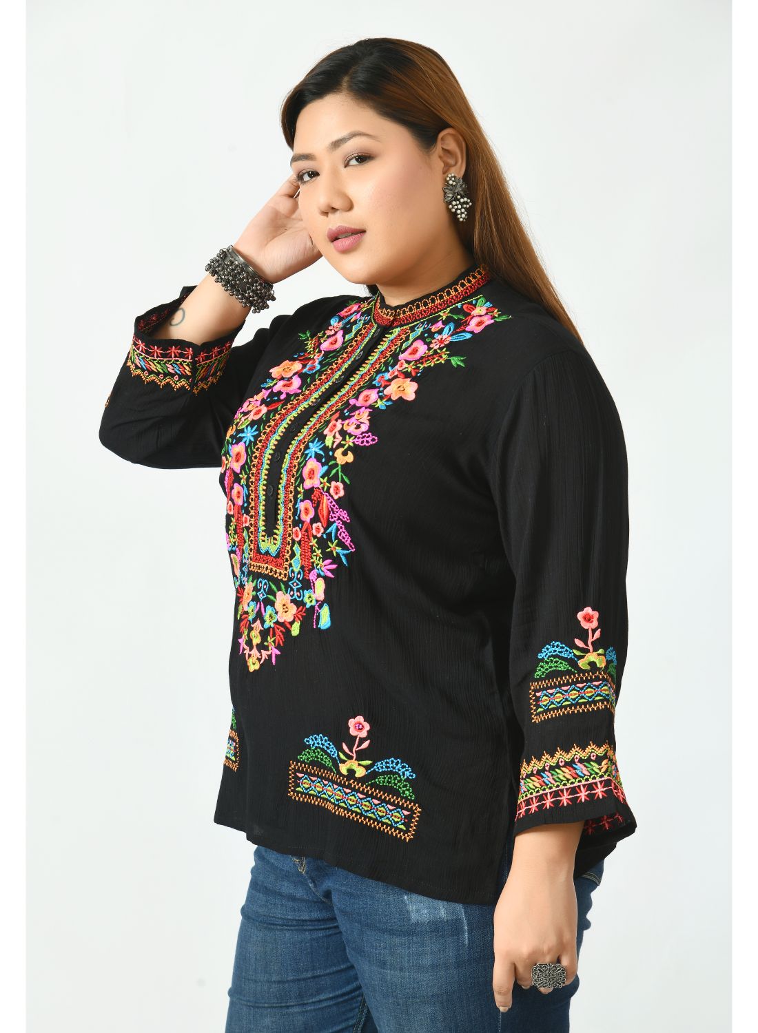 Black Floral Mandarin Collar Top