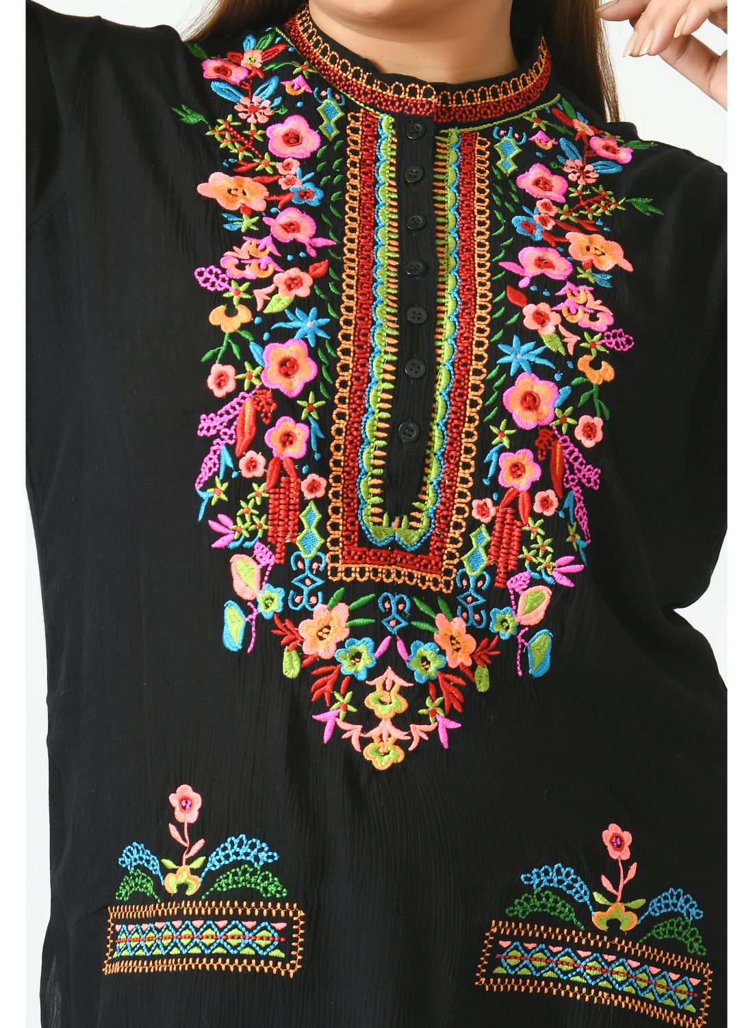 Black Floral Mandarin Collar Top