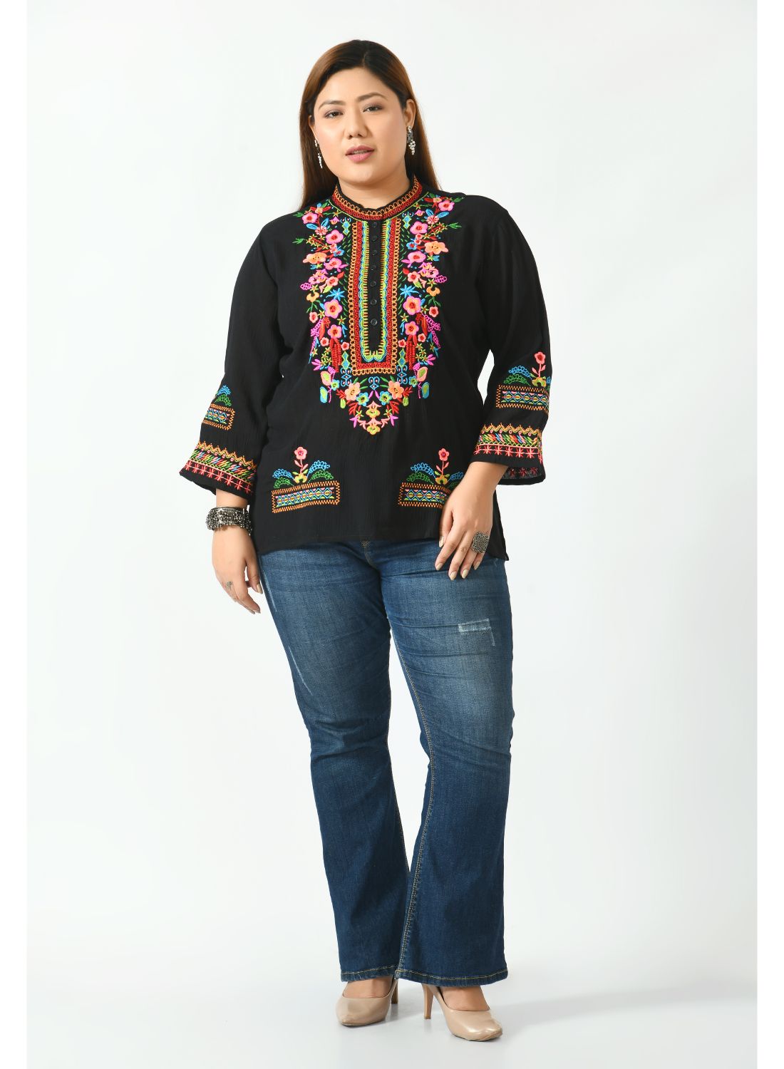 Black Floral Mandarin Collar Top