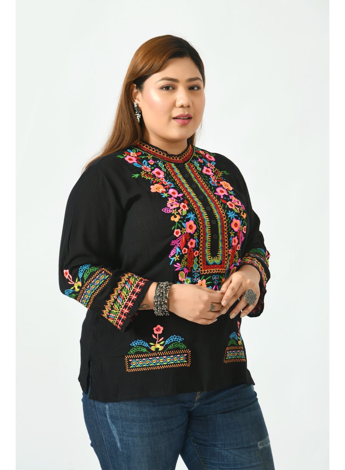 Black Floral Mandarin Collar Top