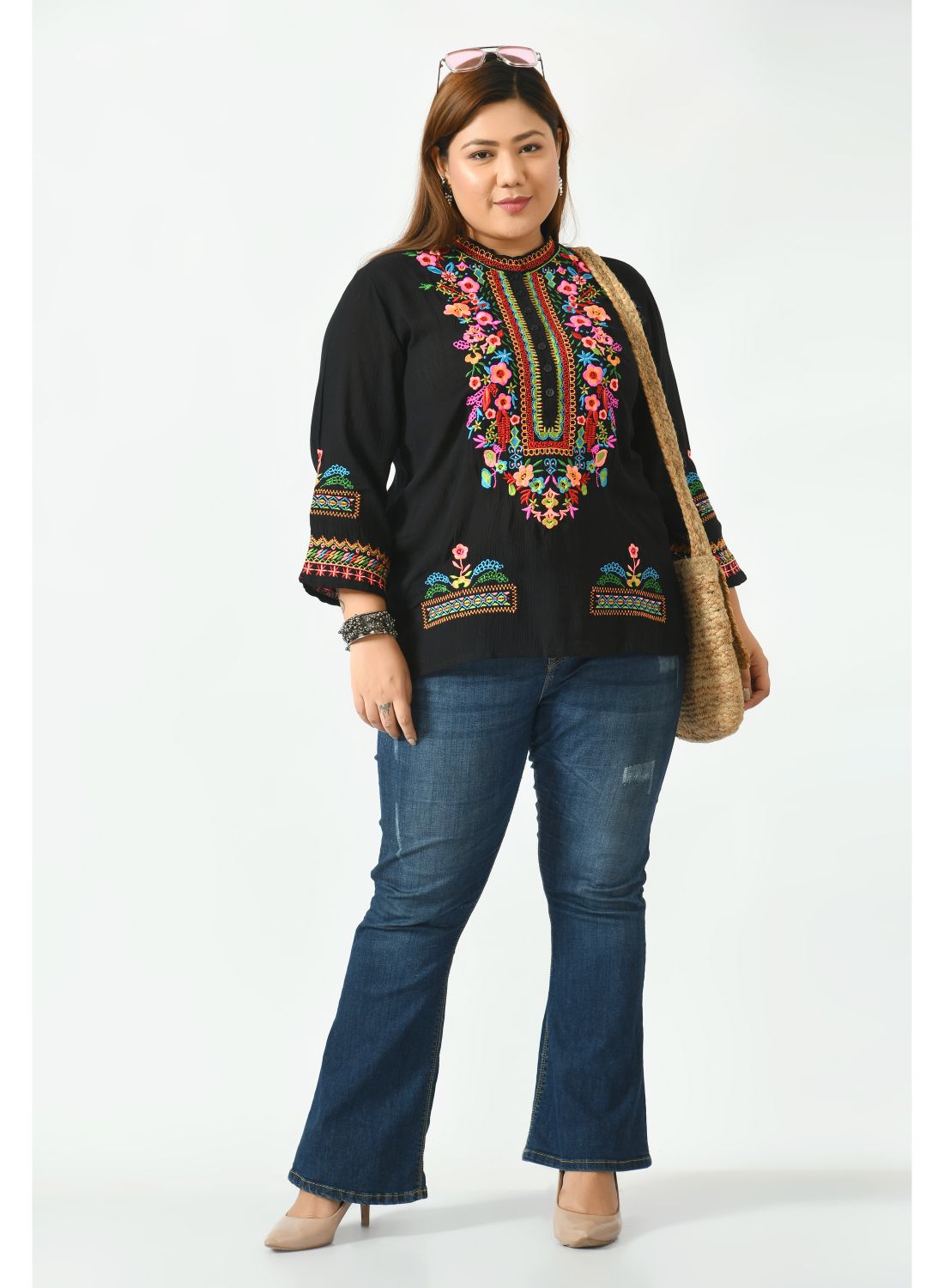 Black Floral Mandarin Collar Top