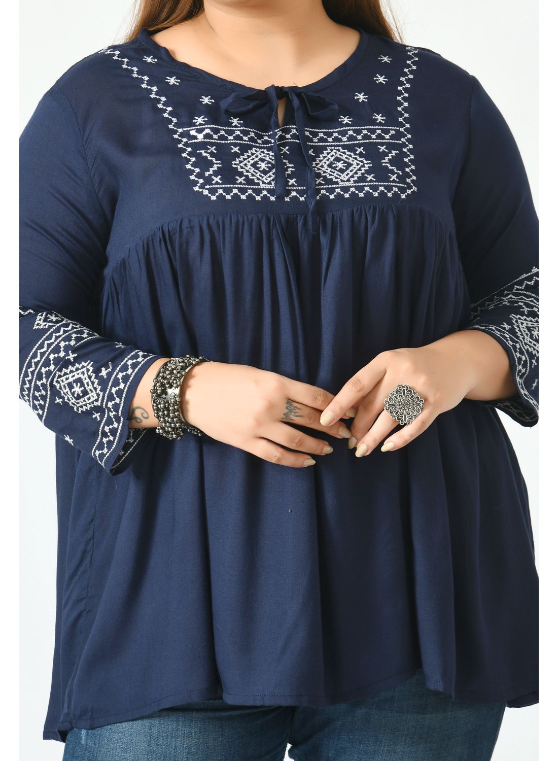 Navy Blue Floral Print Tie-Up Neck Top