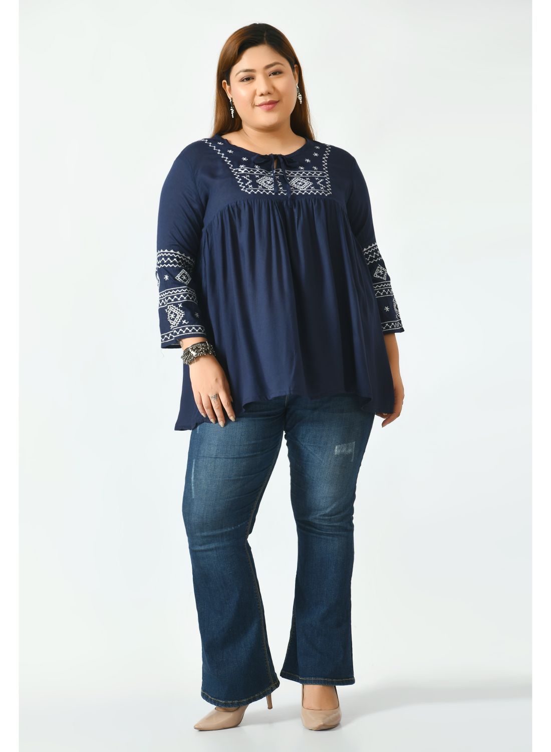 Navy Blue Floral Print Tie-Up Neck Top