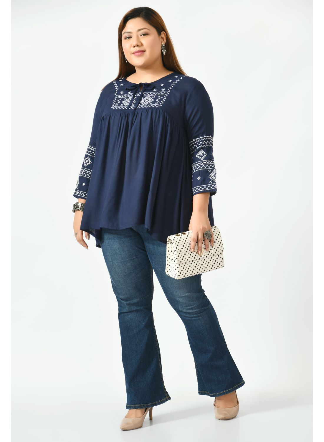 Navy Blue Floral Print Tie-Up Neck Top
