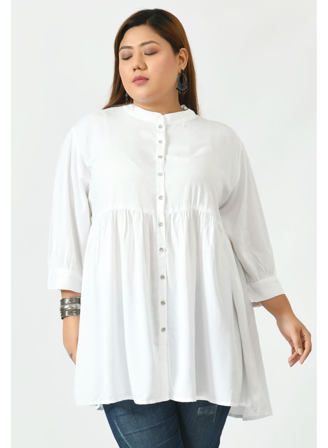 White Mandarin Collar Longline Top