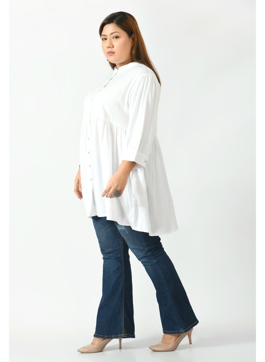 White Mandarin Collar Longline Top