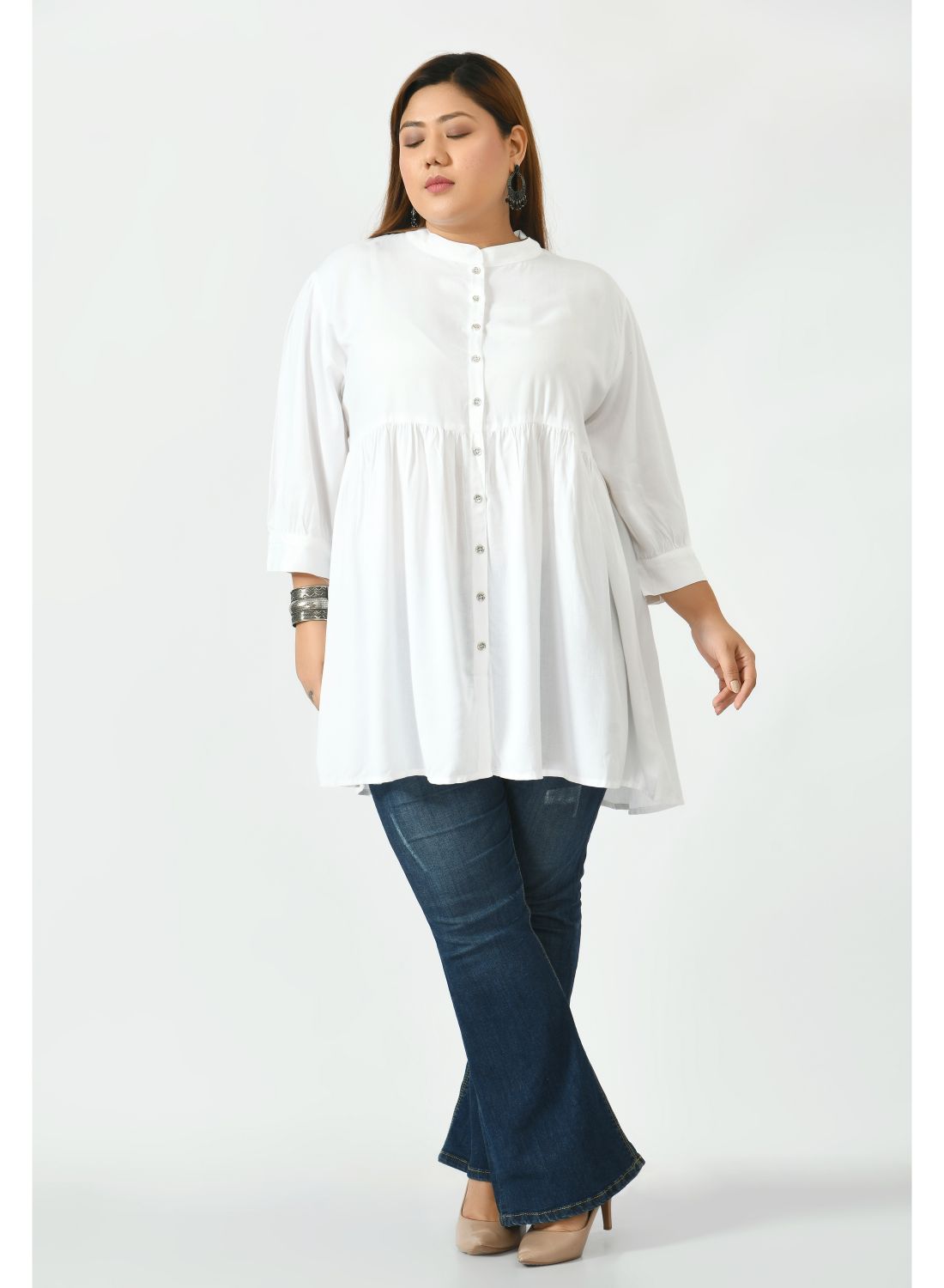 White Mandarin Collar Longline Top
