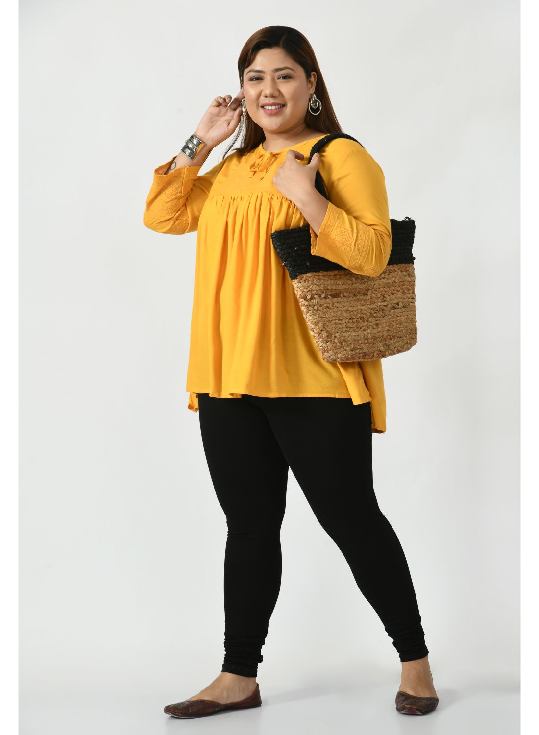 Plus Size Women Yellow Tie-Up Neck Top