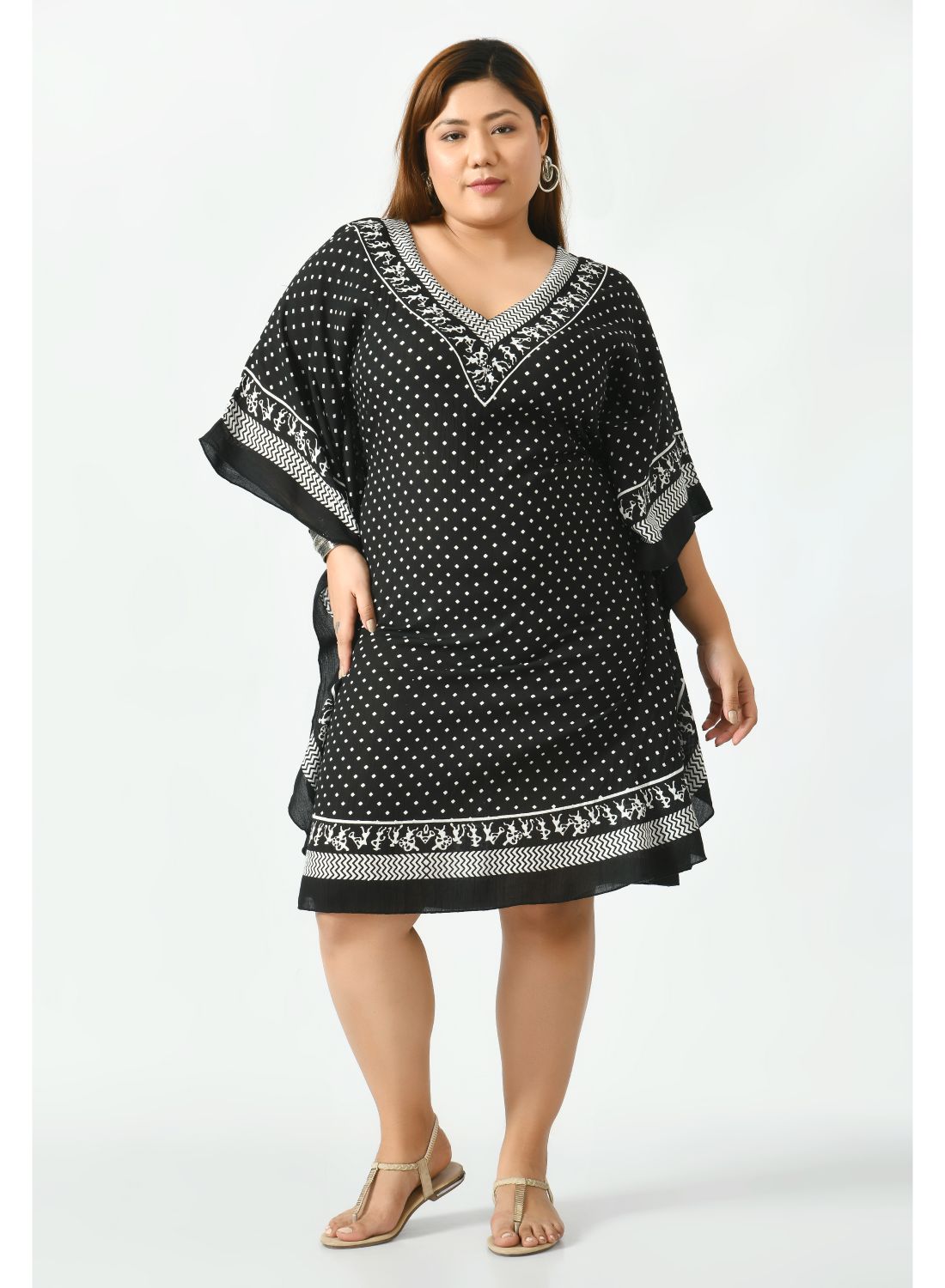 Monochromatic tribal print dress with V-neck
