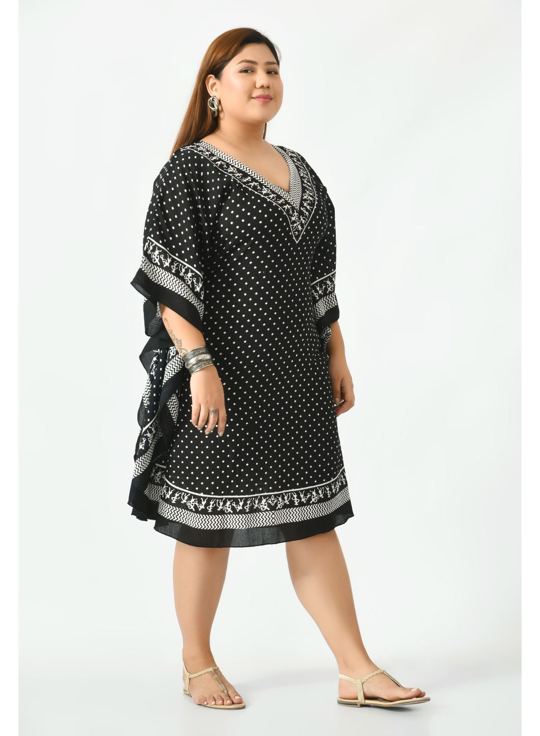 Monochromatic tribal print dress with V-neck